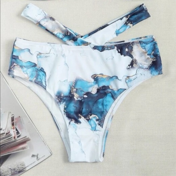 Boho Blue Pink White Tie Dye Marble Print High Waisted Twisted Halter Bikini Set - Picture 11 of 16